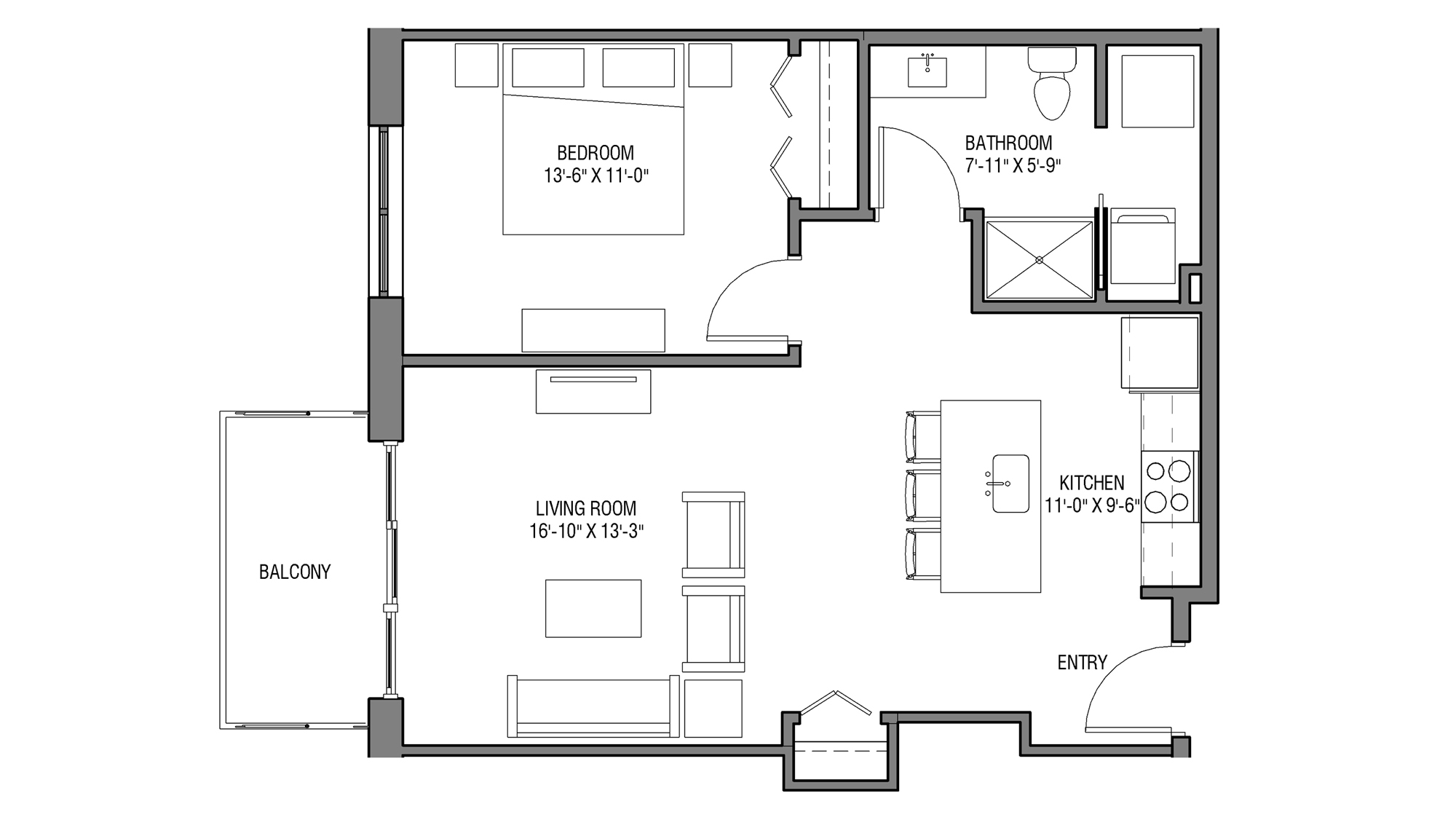 ULI Nine Line 519 - One Bedroom, One Bathroom Floor Plan 
