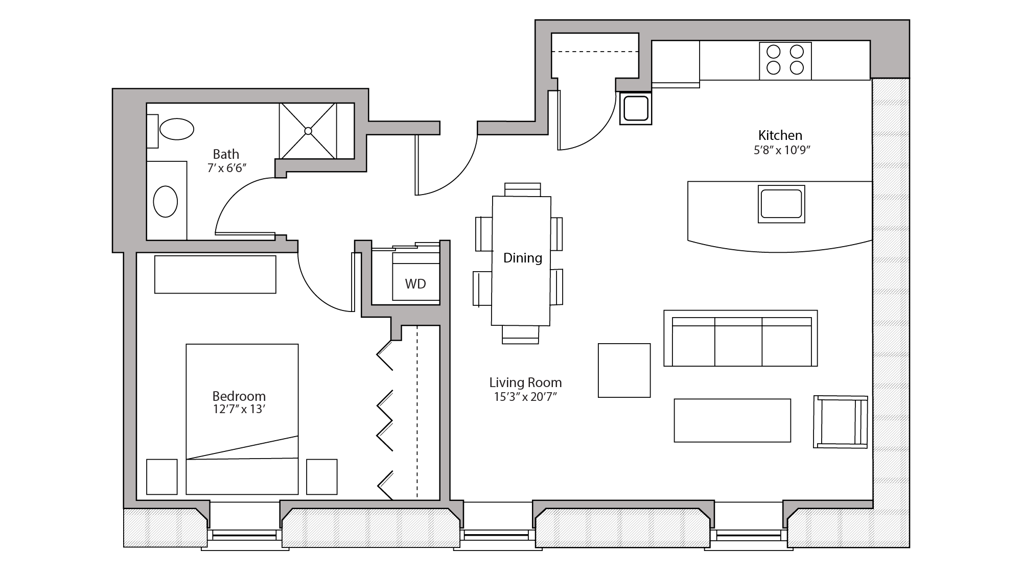 ULI Tobacco Lofts E308 - One Bedroom, One Bathroom Floor Plan 