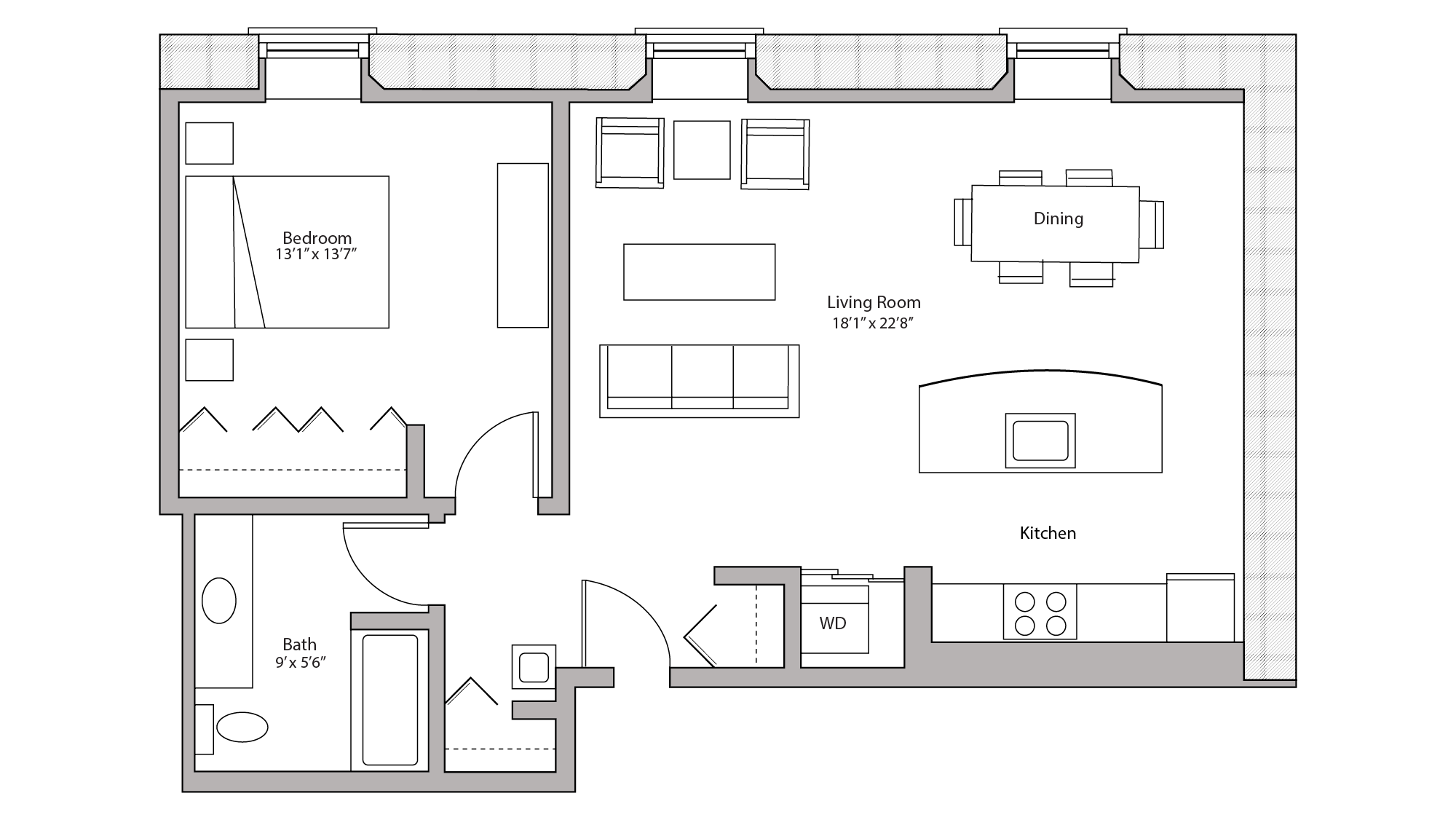 ULI Tobacco Lofts E309 - One Bedroom, One Bathroom Floor Plan 