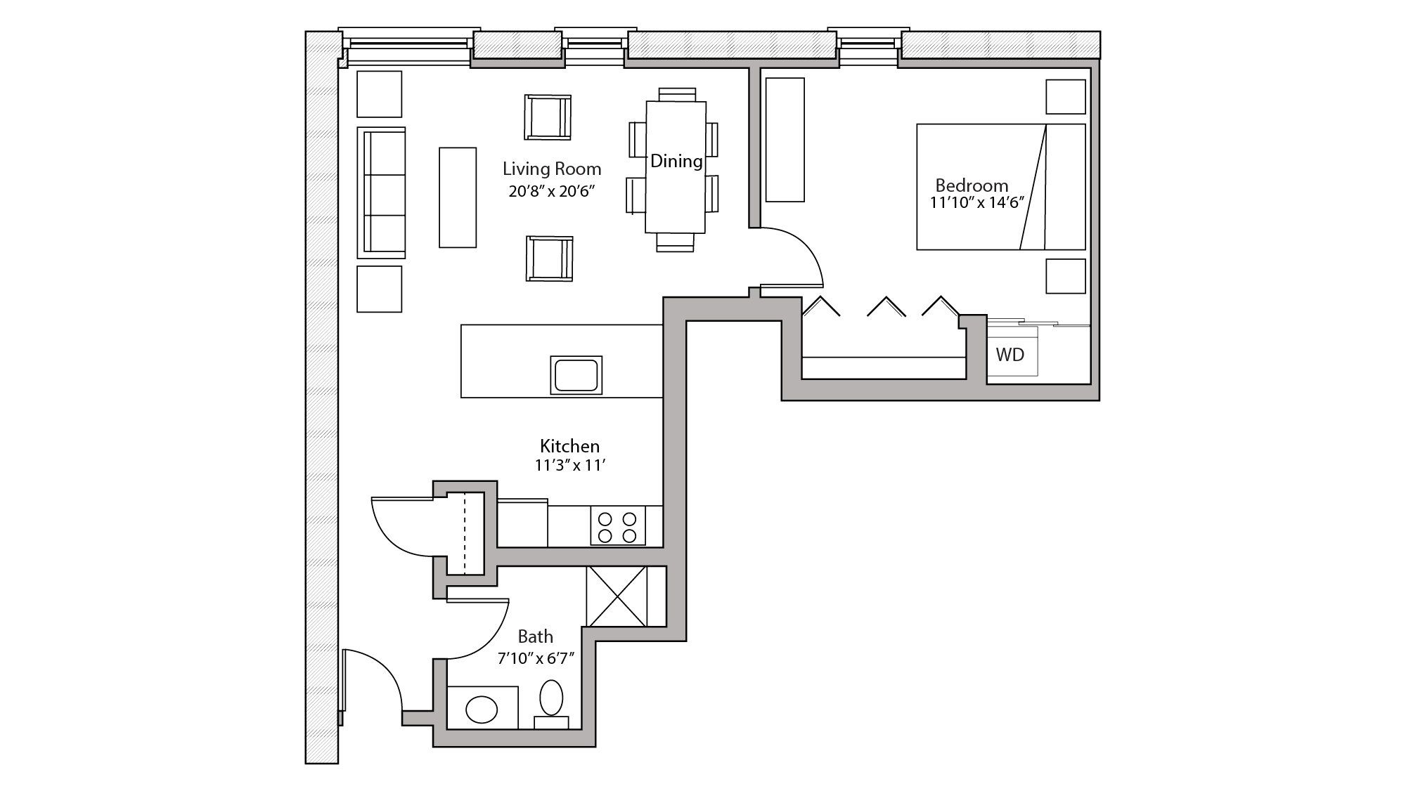 ULI Tobacco Lofts W203 - One Bedroom, One Bathroom Floor Plan 