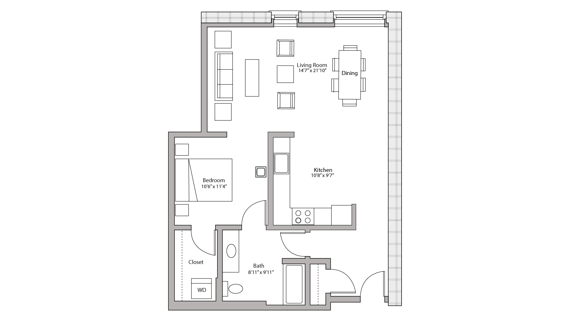 ULI Tobacco Lofts W213 - Studio, One Bathroom Floor Plan 