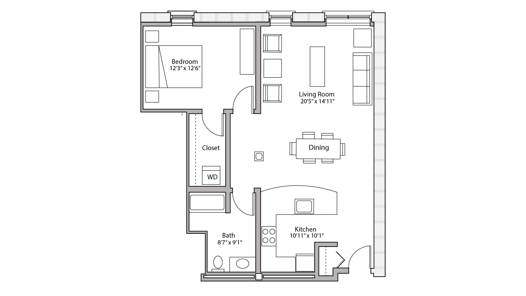 ULI Tobacco Lofts W221 - One Bedroom, One Bathroom Floor Plan 