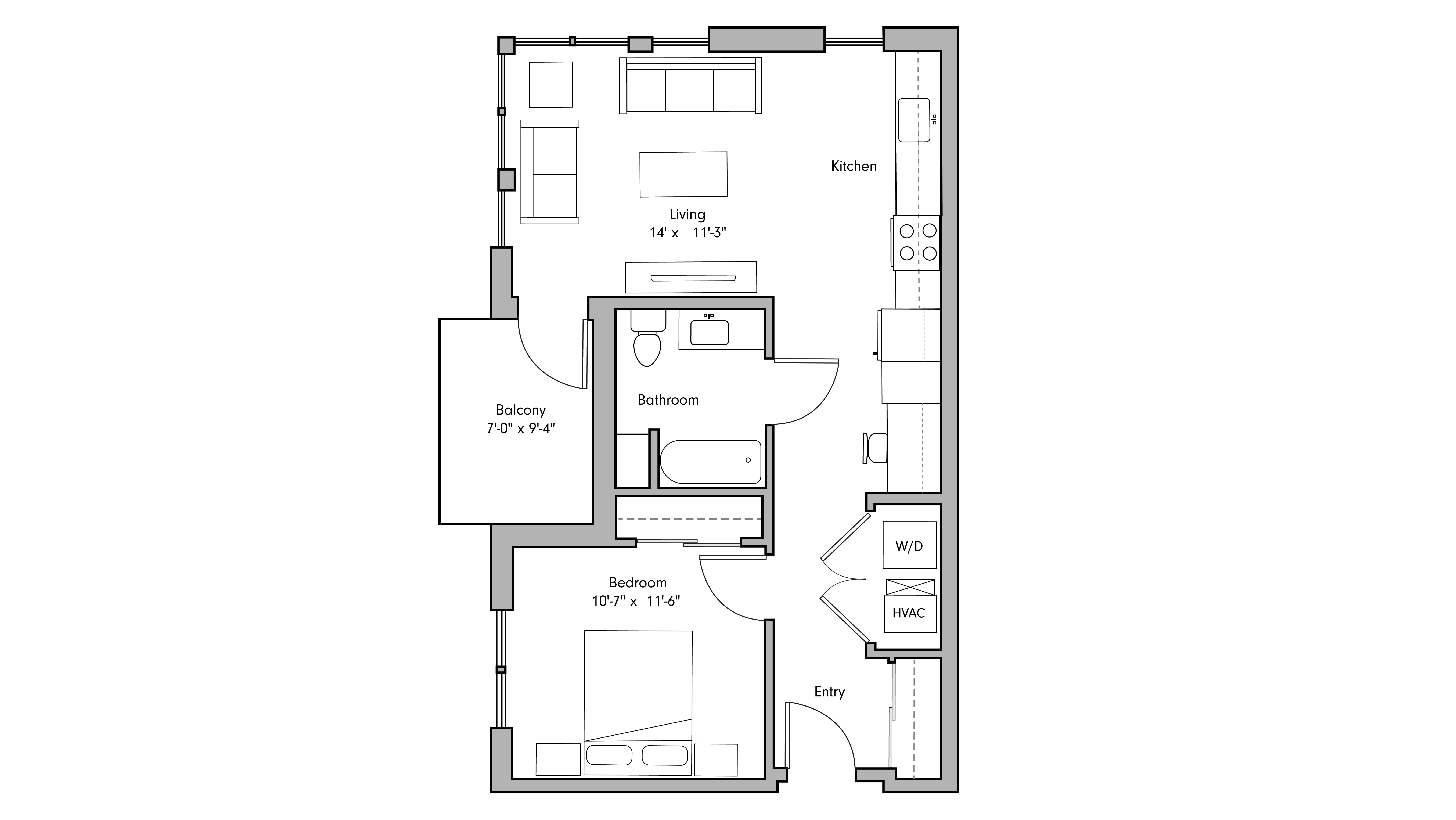 ULI The Penny 201 - 1 Bed, 1 Bath Floor Plan