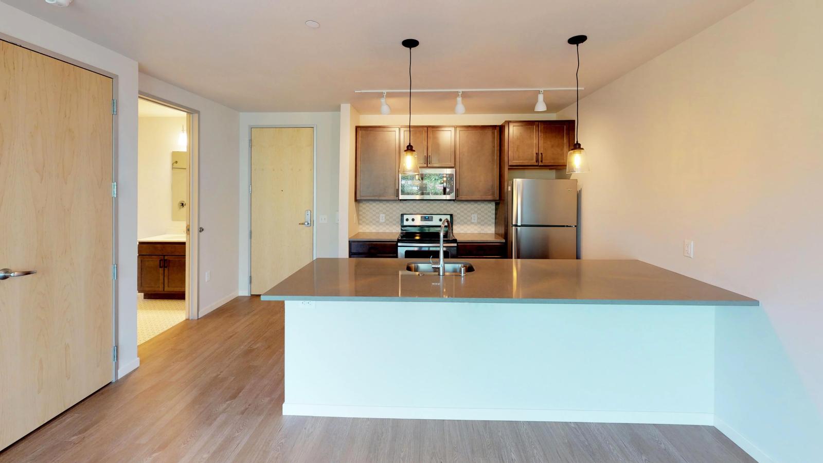 Spacious one-bedroom apartment at Quarter Row Apartments featuring a modern kitchen with quartz countertops and sleek finishes in downtown Madison.