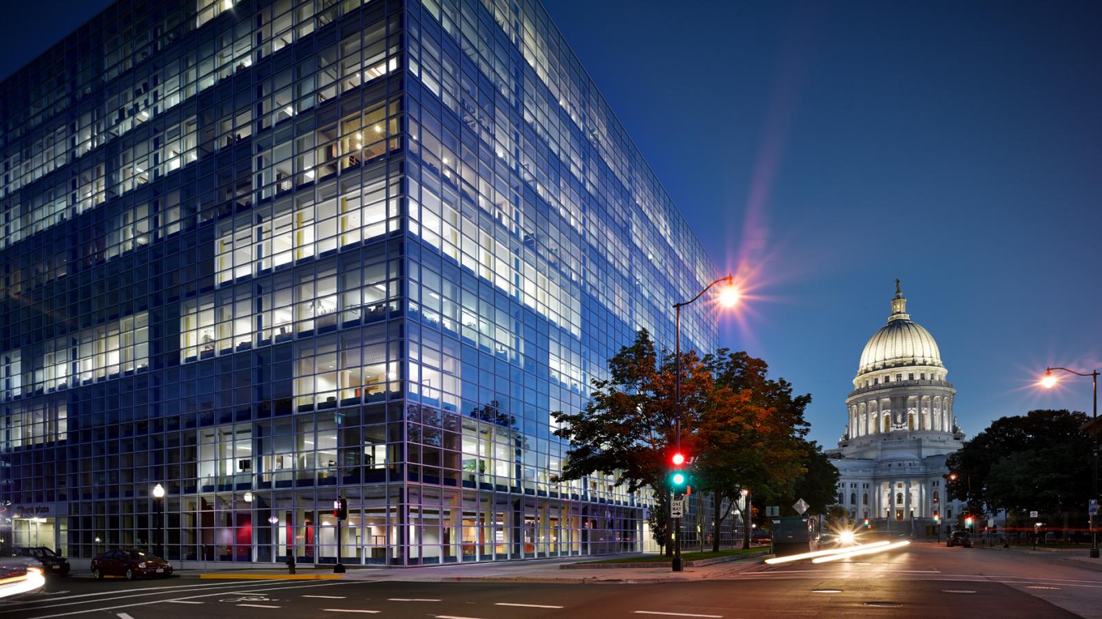 Prime commercial building located at the intersection of East Washington Avenue and Capitol Square in Madison, WI