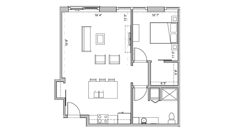 ULI Seven27 318 - One Bedroom, One Bathroom Floor Plan 