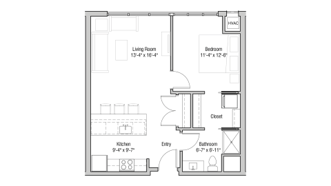 ULI Quarter Row 423 - One Bedroom, One Bathroom Floor Plan 